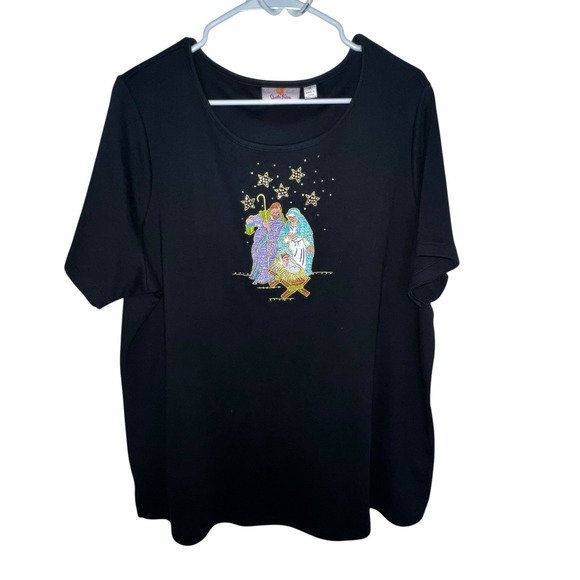 Quacker Factory Tops - Quacker Factory T Shirt Women's 1X Black Nativity Christmas Beaded Short Sleeve
